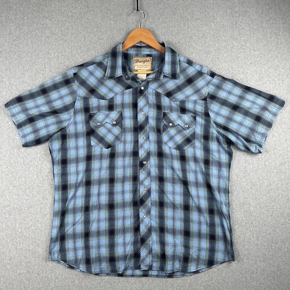 Wrangler Pearl Snap Shirt Mens XL Blue Plaid Pockets Short Sleeve Western Cowboy
